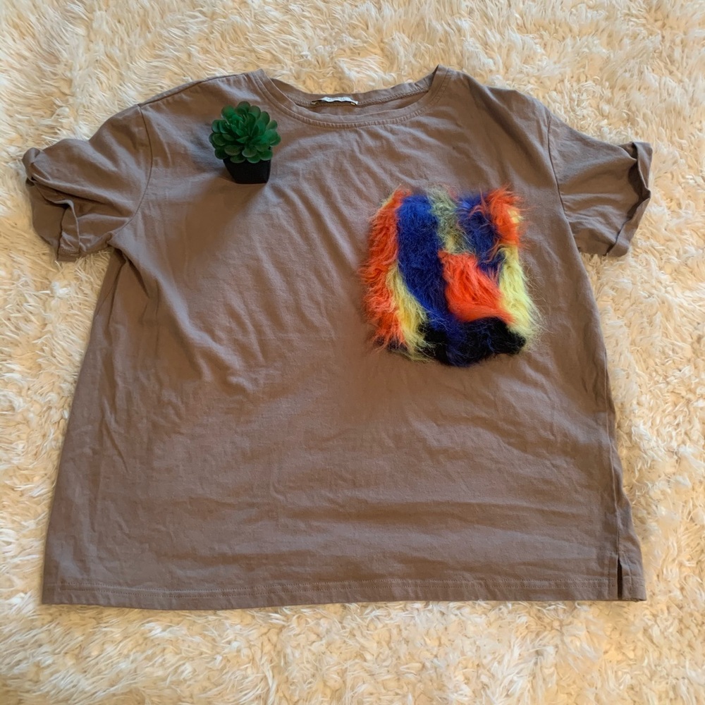 Zara multi color fur pocket t shirt